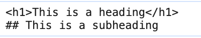 标记语言示例：HTML 的 This is a heading 与 Markdown 的 ## This is a subheading 两行对照