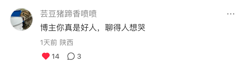 用户评论：博主你真是好人，聊得人想哭