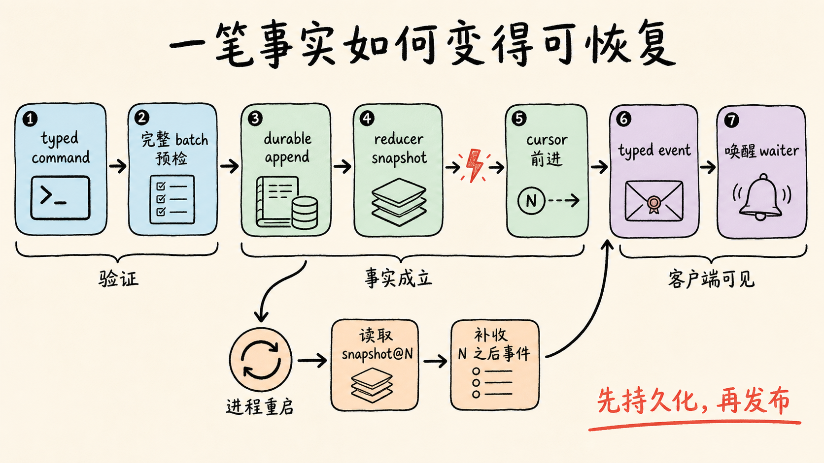 durable commit、snapshot cursor 与重启恢复流程
