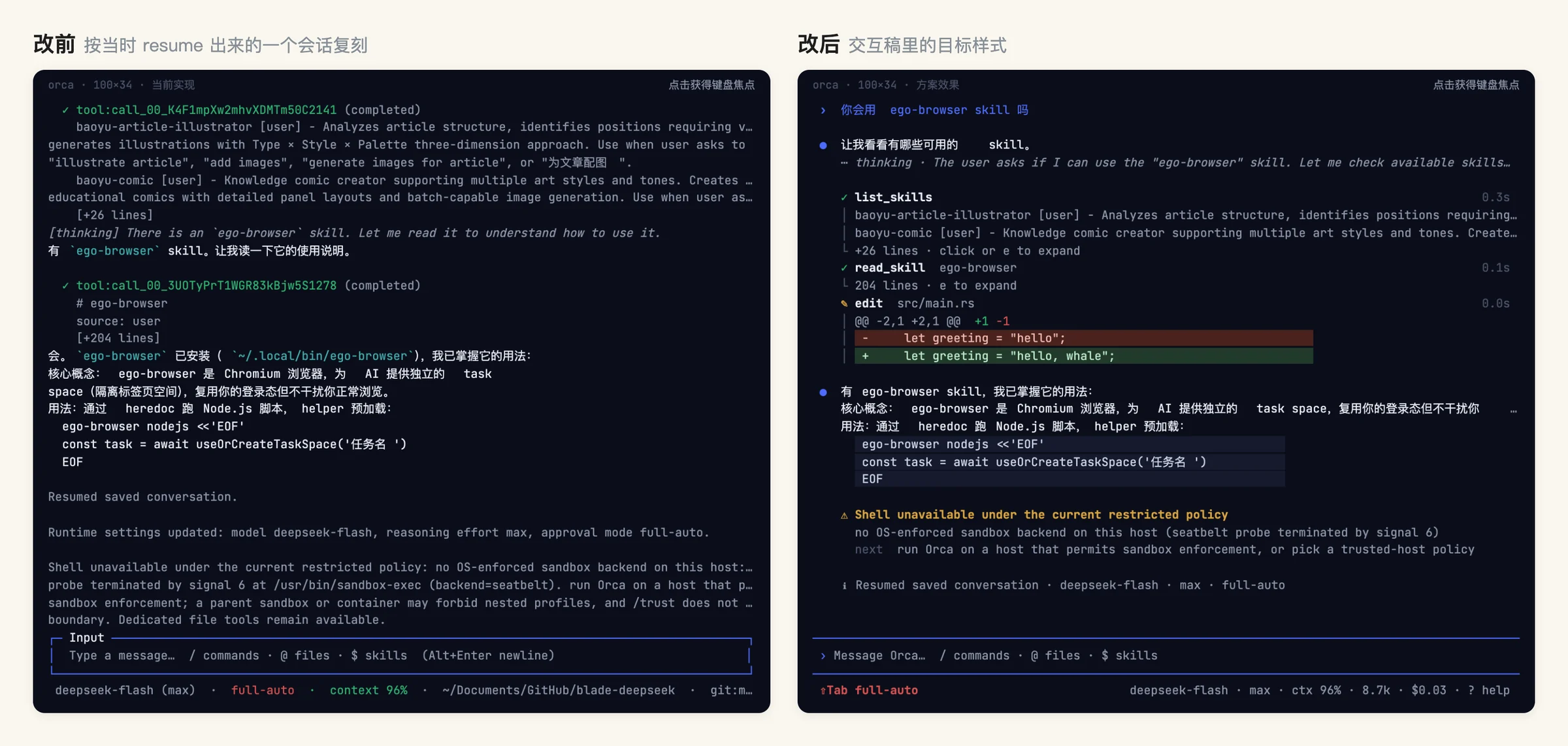 交互稿里的对话区。左边是改前：工具行只剩 call id，thinking 和工具输出都是裸文本，通知和正文同一个权重；右边是改后：角色 gutter、一行 thinking、│ 左栏、edit 行带 +1 −1 和 diff